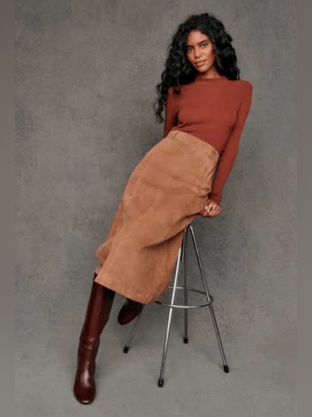 Sézane Meliora Suede Midi Skirt Camel US 6 NWT